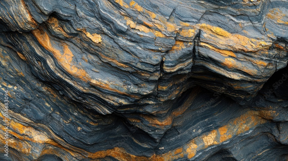 Sedimentary rock layers folded and twisted by geological forces ...