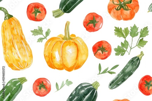 Zucchini, pumpkin and tomato painted with watercolors on a white background Showing the pattern of vegetables