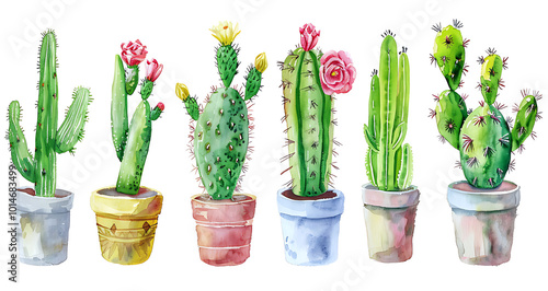 Watercolor painting realistic set pastel cactus flowers in pots on white background. Clipping path included. photo