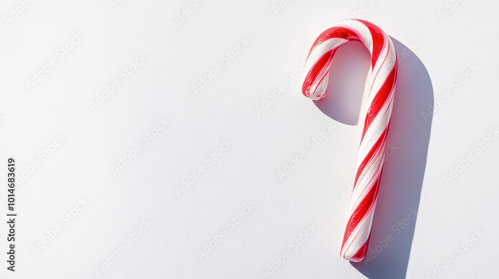 Candy cane top view on light clear background, aesthetic christmas template, copy space. Generative AI Candy cane top view on light clear background, aesthetic christmas template, copy space. Generative AI