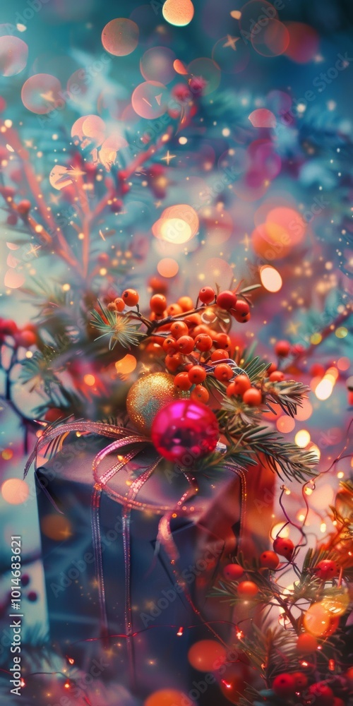 A Christmas tree with a red ball on top of it. The tree is surrounded by berries and the ball is placed on top of a box A Christmas tree with a red ball on top of it. The tree is surrounded by berries and the ball is placed on top of a box