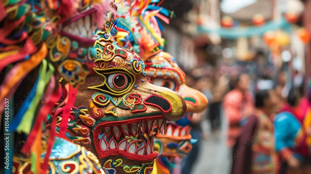 Fototapeta premium A close-up of a colorful dragon mask, adorned with intricate details and vibrant hues, stands out against a blurred background of a bustling crowd.