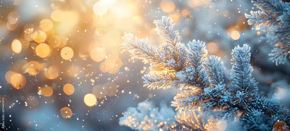 Frosty pine branches glimmer under soft winter sunlight at dusk, copy space. Generative AI Frosty pine branches glimmer under soft winter sunlight at dusk, copy space. Generative AI