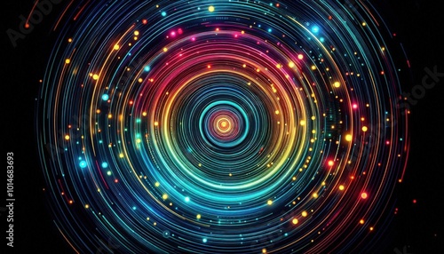A background filled with concentric circles that pulse with neon light, transitioning through a rainbow of colors.