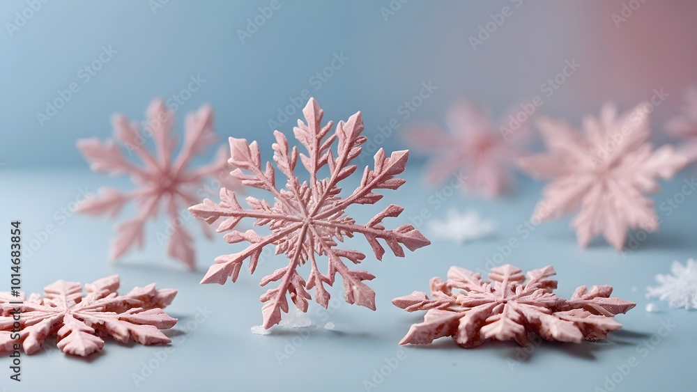 Fototapeta premium Beautifully Crafted Snowflakes in Soft Pastel Colors Resting on a Light Blue Surface During Winter