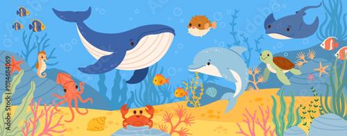 Underwater sea life. Ocean wild marine animals and fish. Cartoon natural undersea world with cute exotic fish, aquatic coral, ocean plant and color algae. Vector scene