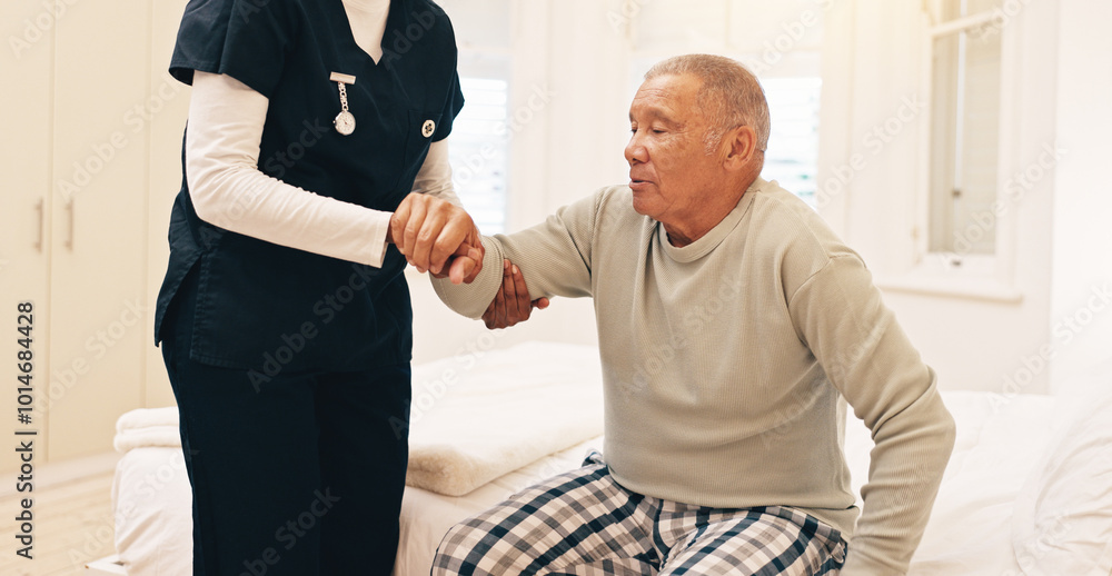Obraz premium Assisted living, help and old man with nurse in bedroom of retirement home for morning wake up. Healthcare, medical or support with caregiver and senior patient on bed in apartment for wellness