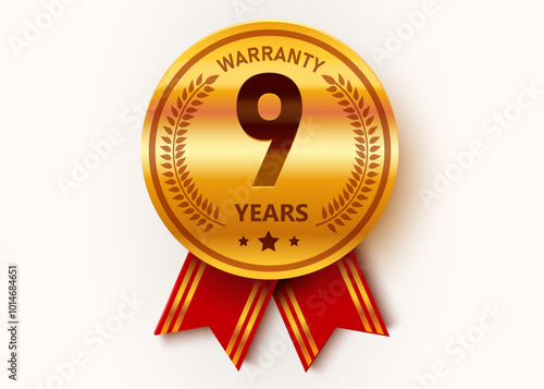 9 Years Warranty. Warranty Sign. Golden medal with ribbons.