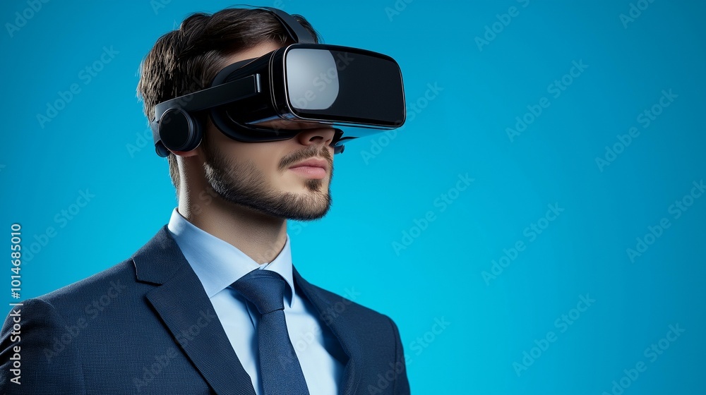 Businessman Wearing Virtual Reality Glasses in a Modern Suit Experiencing Futuristic Technology With Blue Background Businessman Wearing Virtual Reality Glasses in a Modern Suit Experiencing Futuristic Technology With Blue Background