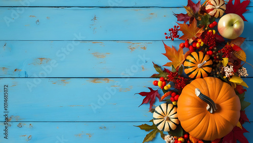 background with pumpkins on blue wooedn background with copy-space, autumn leaves, fall photo