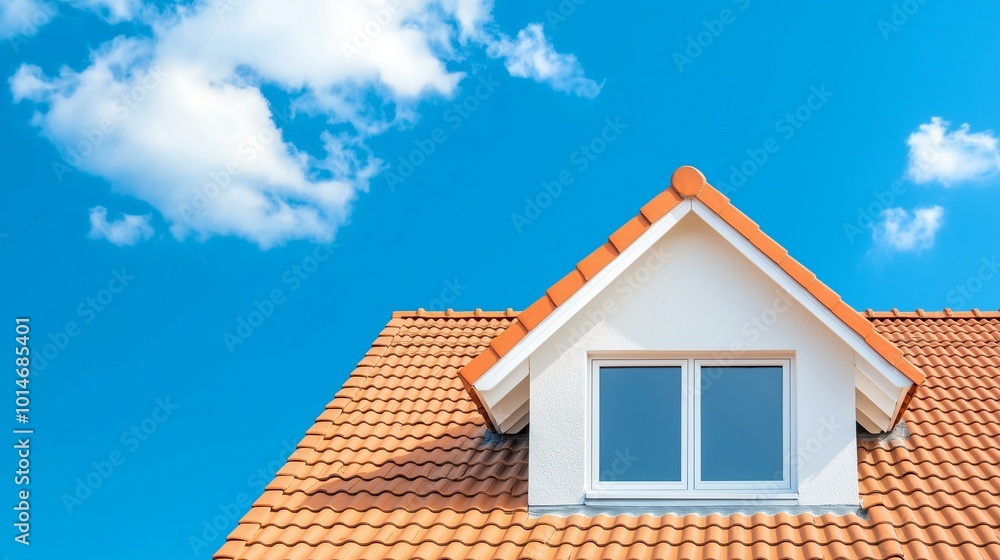 Close Up of Authentic European House Roof with Terracotta Tiles and Clear Blue Sky Background Close Up of Authentic European House Roof with Terracotta Tiles and Clear Blue Sky Background