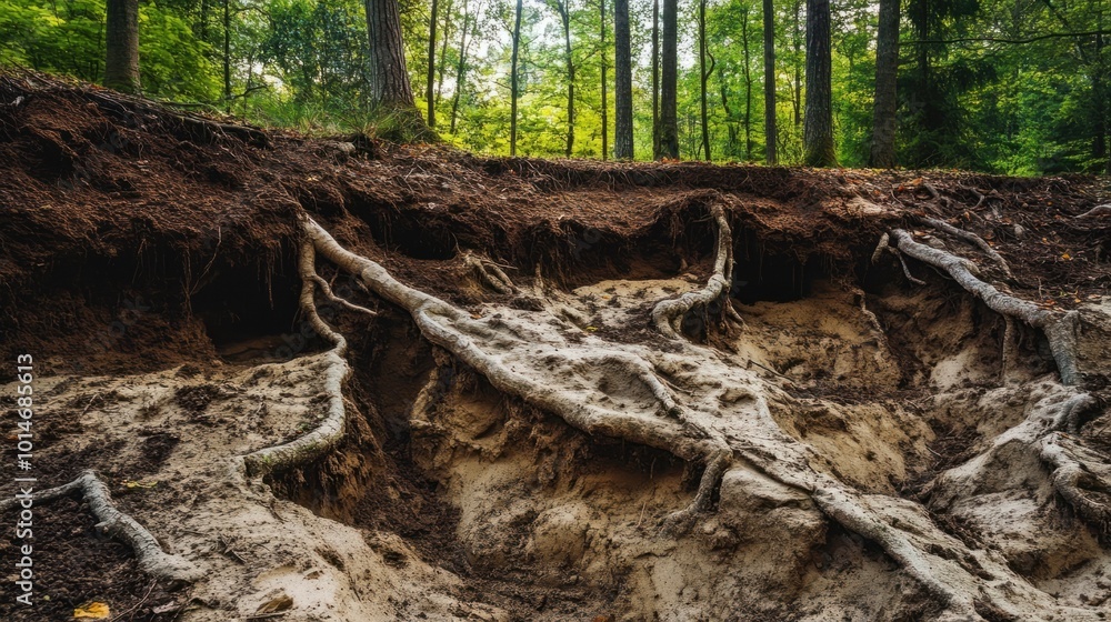 Obraz premium Soil erosion in a forest, with roots exposed and the ground eroded by water and wind
