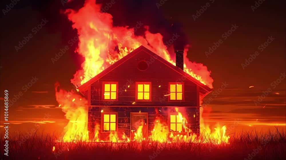 A house engulfed in flames with smoke rising against a dark, fiery sky. Bright orange and red colors dominate the scene. A house engulfed in flames with smoke rising against a dark, fiery sky. Bright orange and red colors dominate the scene.
