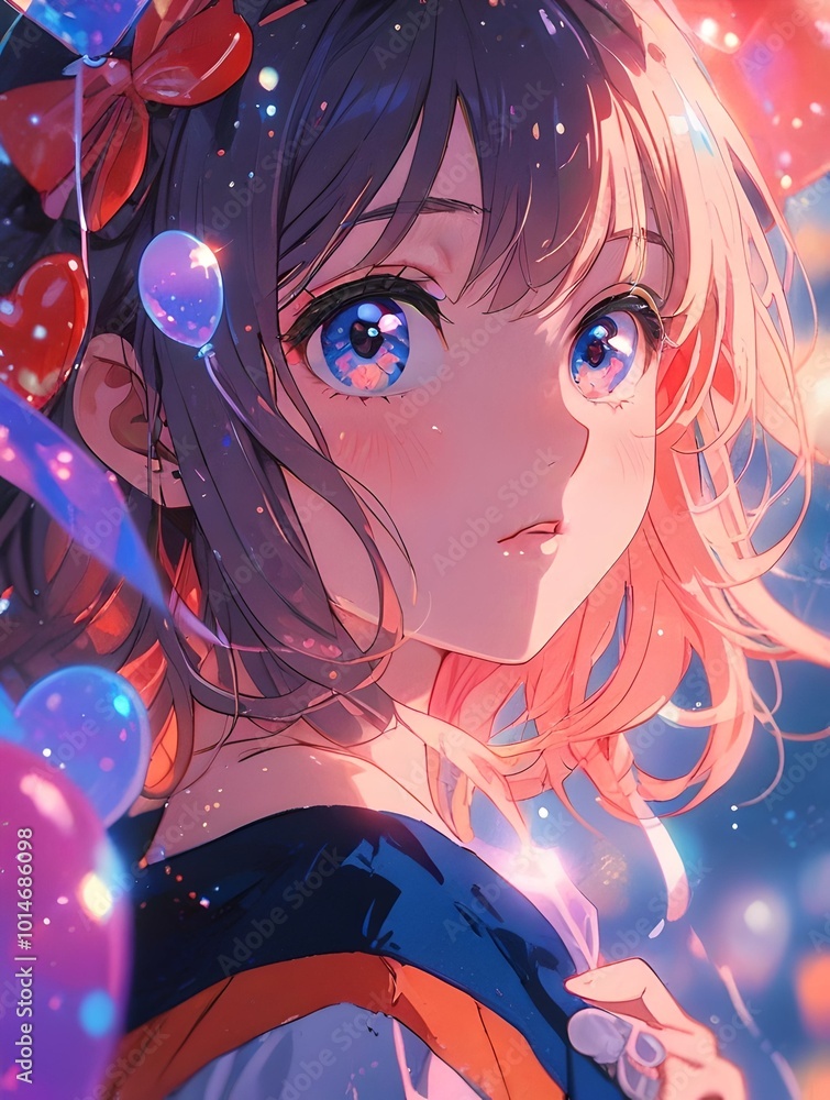 Dreamy Girl with Colorful Reflections and Heart Balloons Dreamy Girl with Colorful Reflections and Heart Balloons