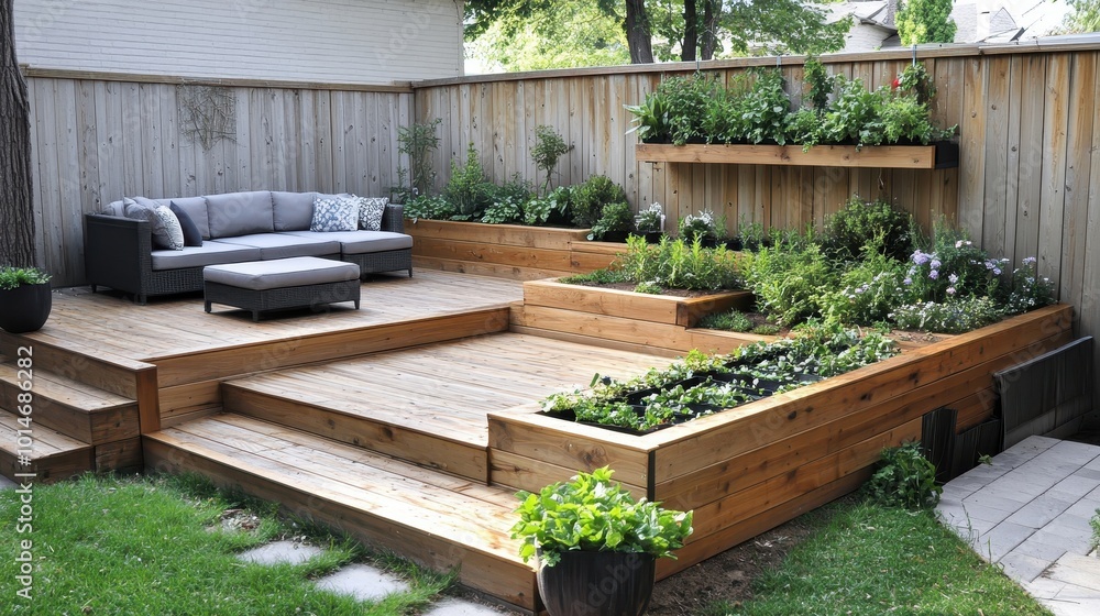 A modern backyard garden with seating and raised planters for relaxation and gardening. A modern backyard garden with seating and raised planters for relaxation and gardening.