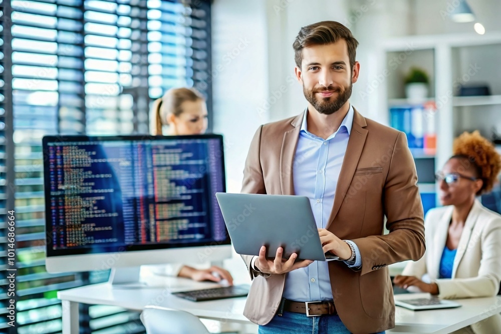 Confident Business Professional Holding Laptop in Modern Office with Team Confident Business Professional Holding Laptop in Modern Office with Team