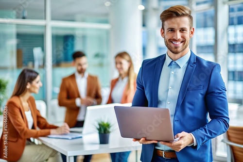  Confident Business Professional Holding Laptop in Modern Office with Team