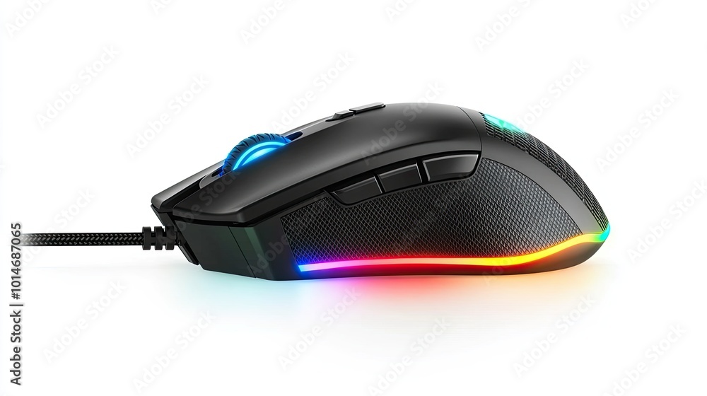 Black gaming mouse with RGB lighting and a wired connection. Black gaming mouse with RGB lighting and a wired connection.