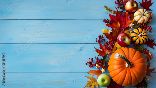 background with pumpkins on blue wooedn background with copy-space, autumn leaves, fall photo