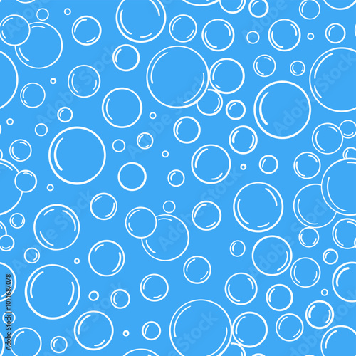 Soap bubble. Seamless pattern blue water line bubbles. Doodle foam soap. Hand drawn rounded soda drink, fizzy texture. Cleaning bathroom shower drop. Sketch aqua vector background