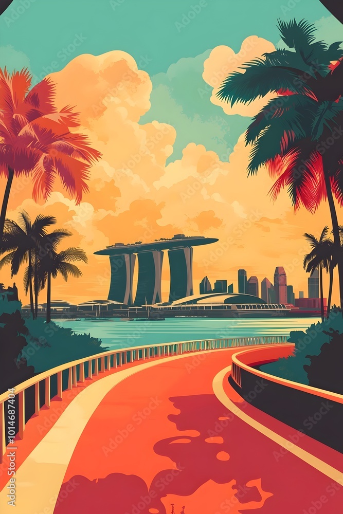 A winding path leads to a stunning cityscape with iconic skyscrapers, framed by lush palm trees against a vibrant sunset sky. A winding path leads to a stunning cityscape with iconic skyscrapers, framed by lush palm trees against a vibrant sunset sky.