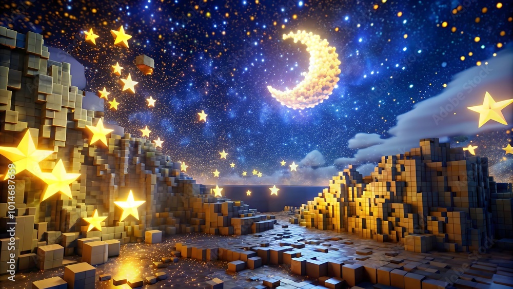 Obraz premium Voxel night scene filled with shimmering stars and a pixelated moon