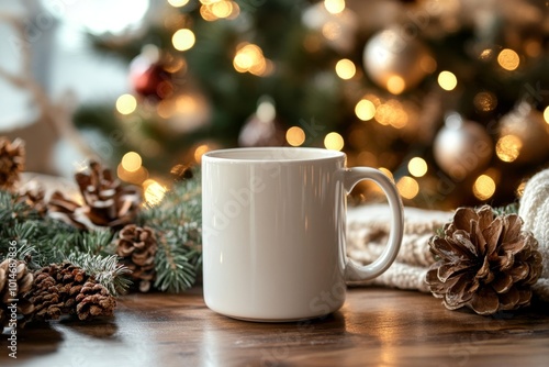 White ceramic tea mug with Christmas decoration and copy space for your design. Mockup for xmas promotional content. ai generated