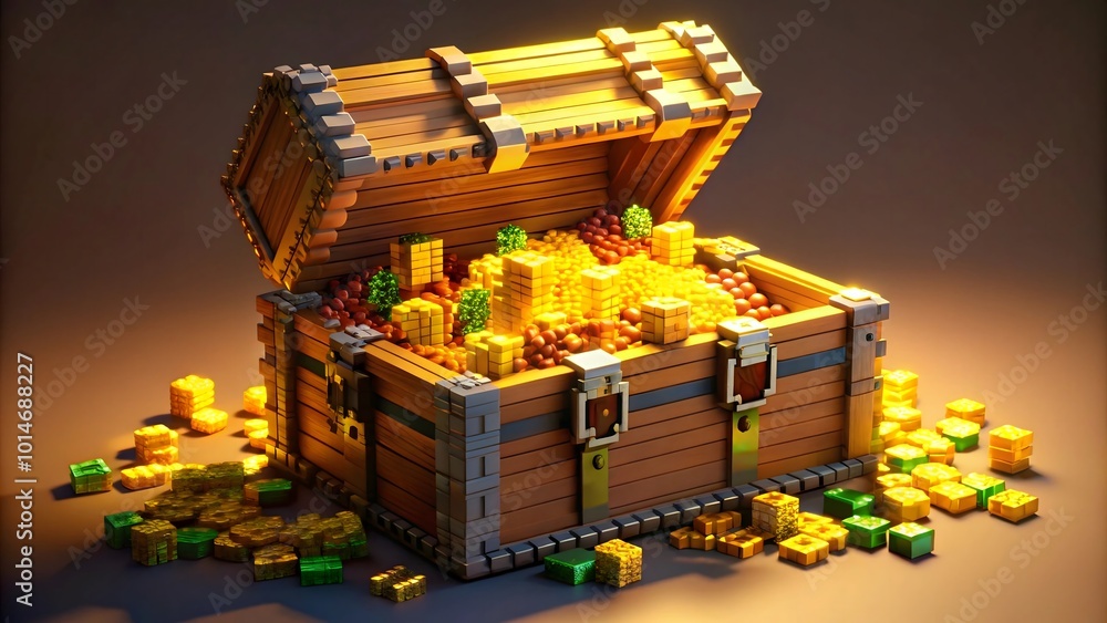 A voxel-style treasure chest overflowing with blocky gold coins A voxel-style treasure chest overflowing with blocky gold coins
