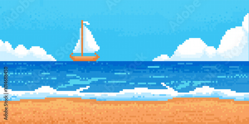 Pixel beach landscape with ship. 8-bit sea coast wave, cloud, sand. Game summer beautiful paradise, yacht in ocean panorama. Retro 2d video vector background