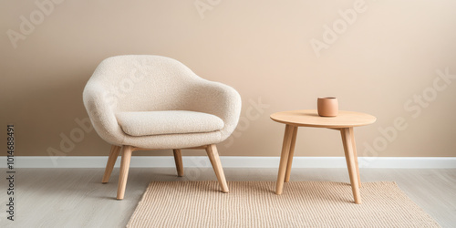 Cozy beige chair and wooden table in a minimalist room with neutral tones