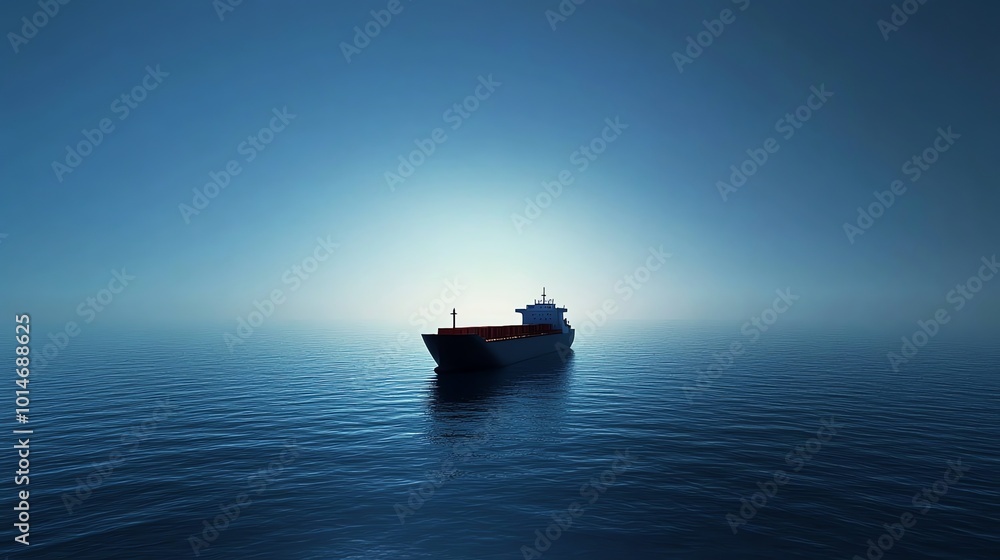 A lone cargo ship sails on a calm, blue ocean.