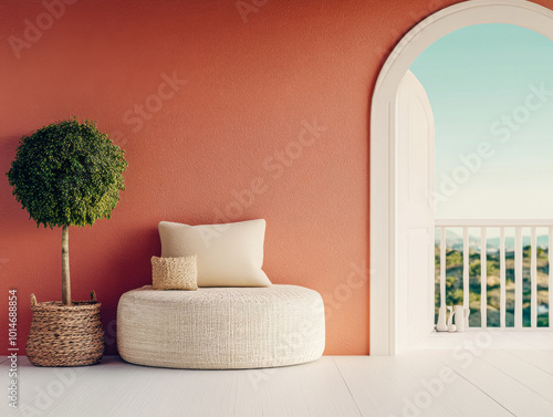 Cozy interior with round seating, decorative plant, and scenic view through an arched doorway photo