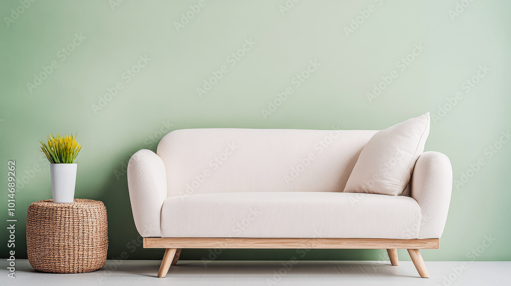 Cozy living room setup with a light beige sofa against a soothing green wall in daylight Cozy living room setup with a light beige sofa against a soothing green wall in daylight