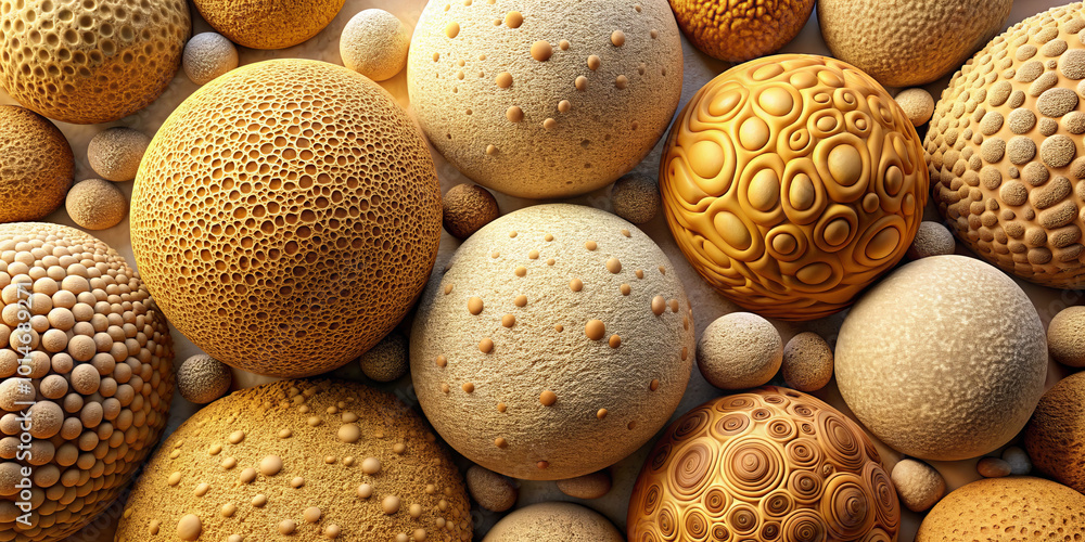 Textured spheres in various shades of beige and brown create visually captivating composition. smooth and rough surfaces evoke sense of depth and intrigue, inviting exploration Textured spheres in various shades of beige and brown create visually captivating composition. smooth and rough surfaces evoke sense of depth and intrigue, inviting exploration