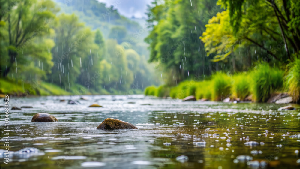 Soft rain gently falls on tranquil river surface, creating ripples and splashes. Lush greenery surrounds water, enhancing serene atmosphere of nature Soft rain gently falls on tranquil river surface, creating ripples and splashes. Lush greenery surrounds water, enhancing serene atmosphere of nature