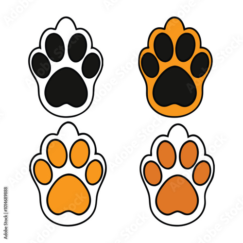 Set of  cartoon cat paw vector illustrations with unique color patterns, bold outlines, and playful style.Cartoon cat paw icons in vector format, featuring solid and patterned designs for stickers