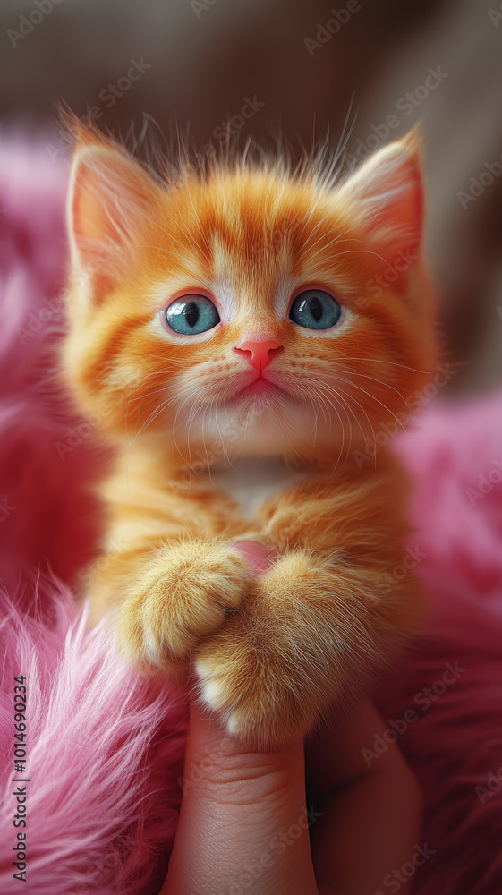 Colorful kitten with someone's fingertip standing on it. Very realistic macro shot. Bright colors. Natural light. Colorful kitten with someone's fingertip standing on it. Very realistic macro shot. Bright colors. Natural light.