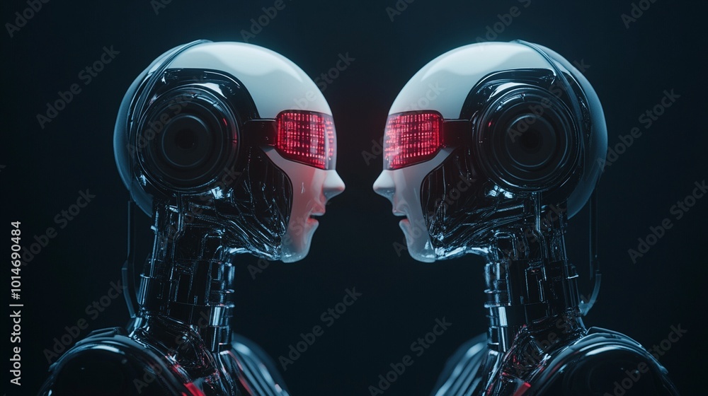 Two humanoid robots facing each other in a futuristic setting with illuminated features Two humanoid robots facing each other in a futuristic setting with illuminated features