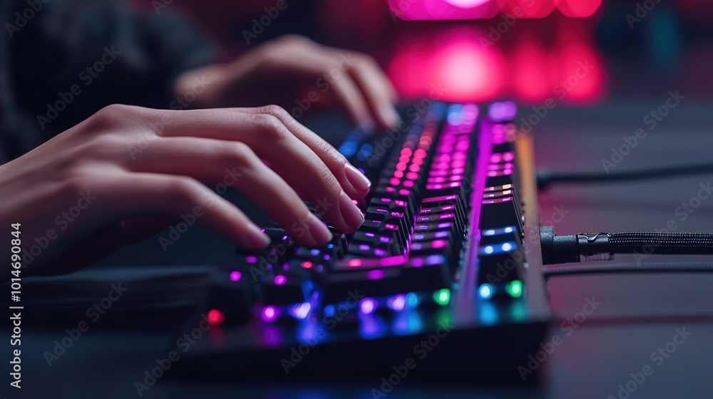 A close-up of a hand typing on a colorful mechanical keyboard in a dimly lit gaming setup at night A close-up of a hand typing on a colorful mechanical keyboard in a dimly lit gaming setup at night