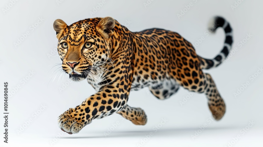 A strong and agile leopard mid-pounce, portrayed with dynamic motion on a clean white background A strong and agile leopard mid-pounce, portrayed with dynamic motion on a clean white background