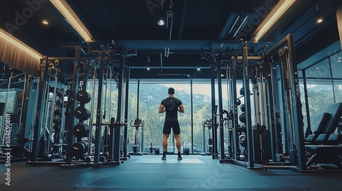 Muscular man preparing for a workout in a modern gym with vibrant lighting and exercise equipment during daytime