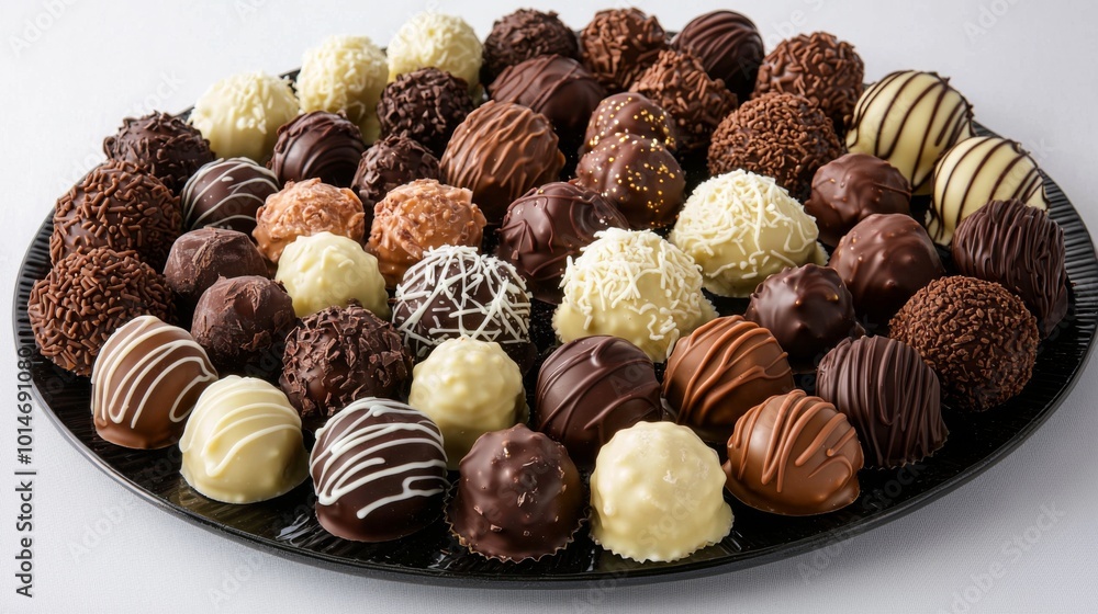 Assorted chocolate truffles beautifully arranged on a platter. Sweets, confectionery and treats Assorted chocolate truffles beautifully arranged on a platter. Sweets, confectionery and treats