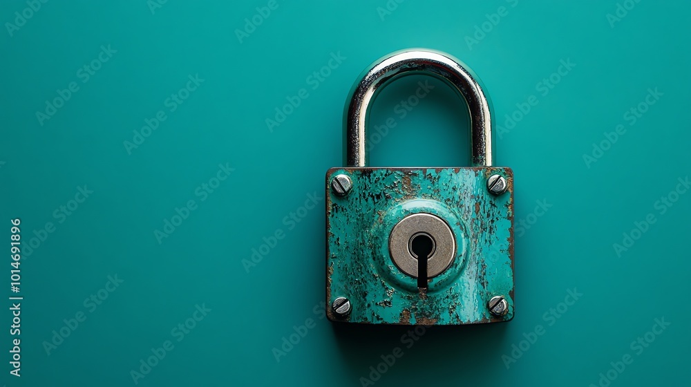 A rusty padlock with a silver shackle on a blue background. A rusty padlock with a silver shackle on a blue background.