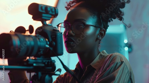 Woman with camera in neon lighting