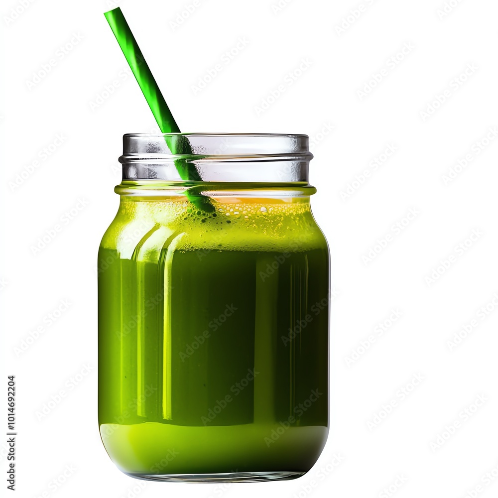 Fresh green juice in a mason jar with a green straw, isolated on a white background. Fresh green juice in a mason jar with a green straw, isolated on a white background.