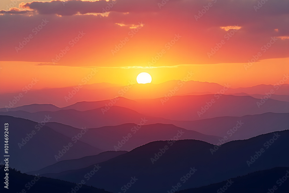 Fototapeta premium Vibrant sunset over layered, misty mountains.