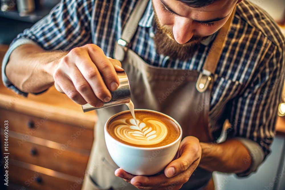 A man is pouring milk into a coffee cup A man is pouring milk into a coffee cup