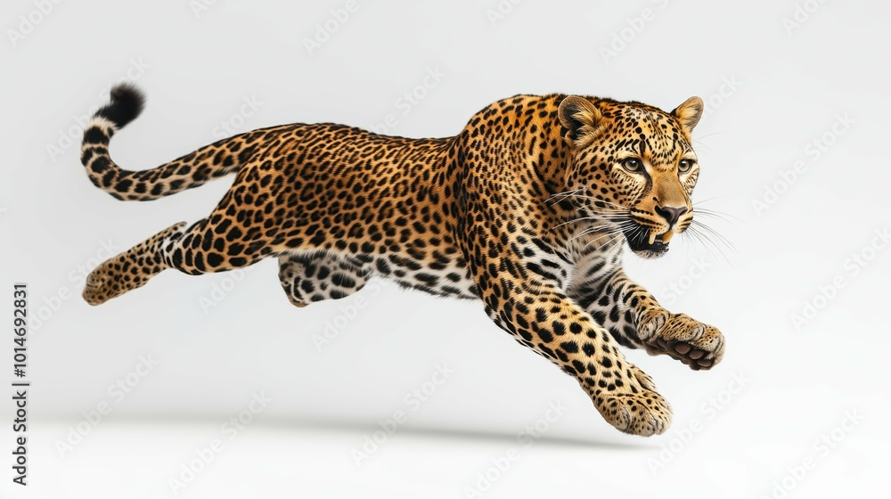 Fototapeta premium A strong and agile leopard mid-pounce, portrayed with dynamic motion on a clean white background