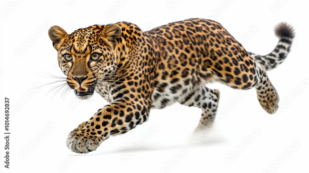 A strong and agile leopard mid-pounce, portrayed with dynamic motion on a clean white background A strong and agile leopard mid-pounce, portrayed with dynamic motion on a clean white background