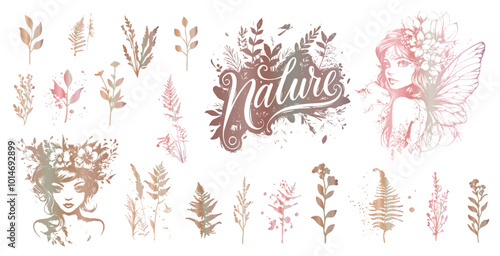 Detailed trendy design for natural products, wall art, social media, prints, invitations and branding design. Vector set of line drawings of decorated women's heads with flowers, plants and leaves. 